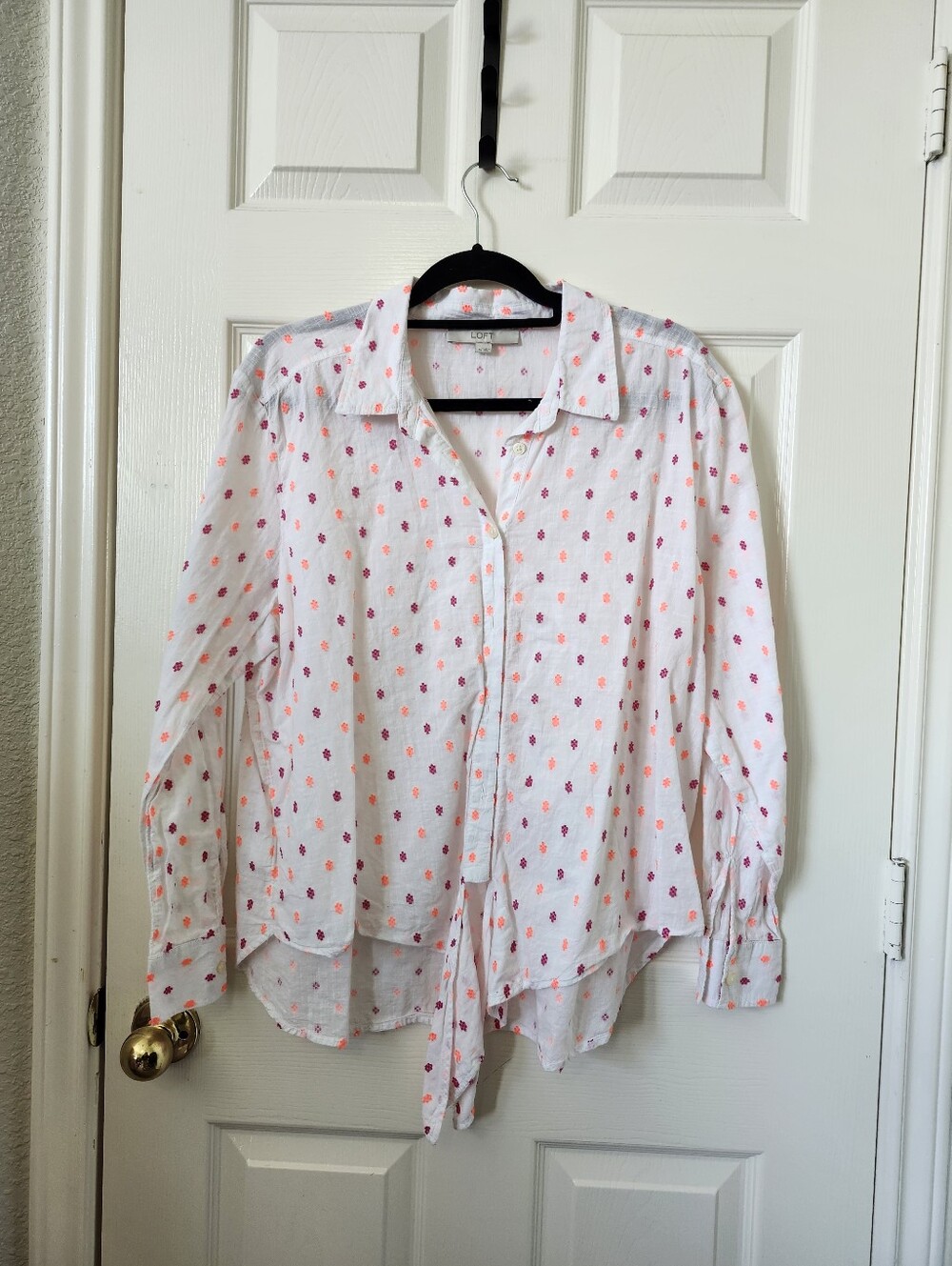LOFT White Button-Down Shirt with Pink Floral Dot Print